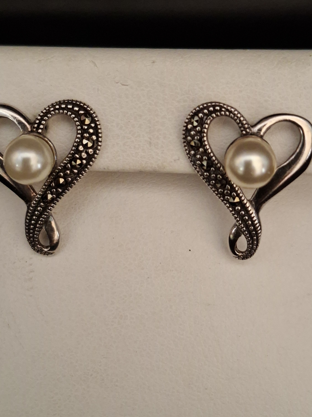 Cultured Pearl Heart Stud Earrings in Silver With Marcasite